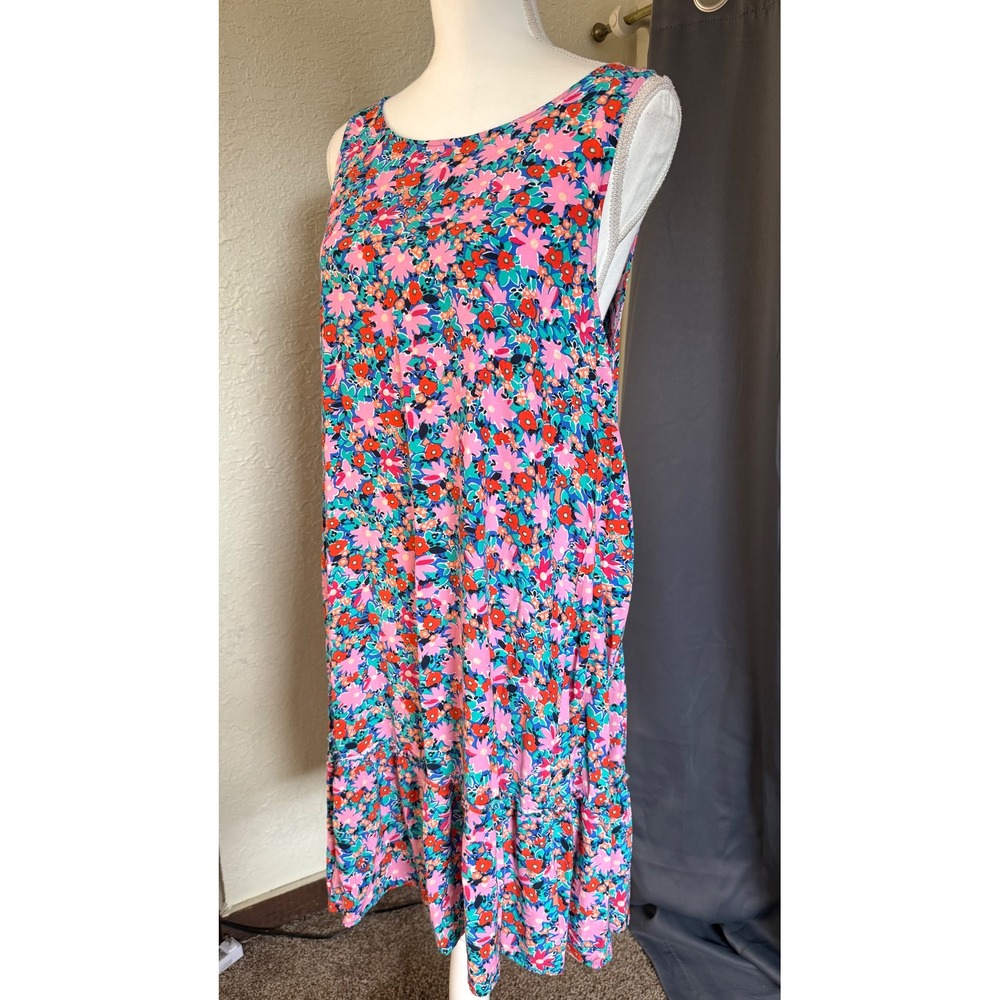 LOFT Floral Sleeveless Tiered Ruffle Shift Dress Pink Blue Orange Size Medium